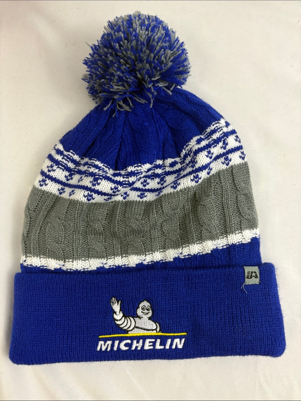 Michelin Man Tire Winter Beanie Hat Blue Gray One Size Pom